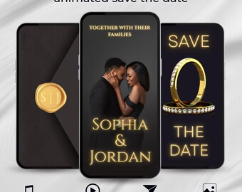 May include: Animated save the date announcement on a smartphone. The design features a couple, wedding rings, and the names Sophia & Jordan in gold lettering. Icons for music, video, share, and photo are at the bottom.
