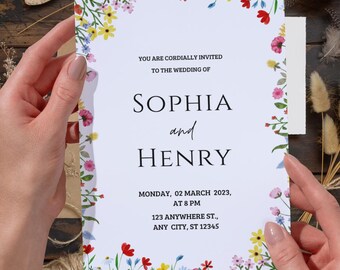 Rustic Wedding Invitation Suite: Wildflower Wedding Invite cards, Editable Canva Template (Digital Download)