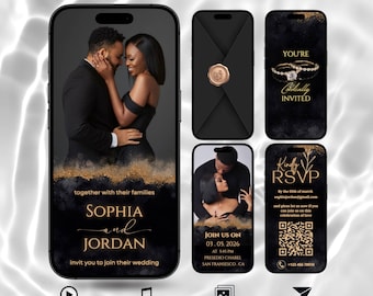 Black and Gold Animated Wedding Invitation, Luxury Digital Invite,  DIY Editable Canva Template
