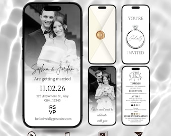 Animated Wedding Invitation, Wedding Invite Video With Music And Envelope, Minimalist Editable Canva Template