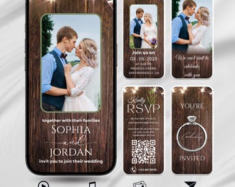 May include: A smartphone screen shows a wedding invitation with a wood-effect background and fairy lights. The invitation features photos of the couple, RSVP information, and the names Sophia and Jordan. Icons for video, music, photo, and share are at the bottom.