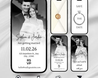 Video invitación para guardar la fecha, invitación de boda animada, plantilla minimalista y elegante de Canva (digital)