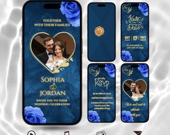 Video de invitación de boda animada en azul marino y dorado/Plantilla editable de Canva, invitación digital