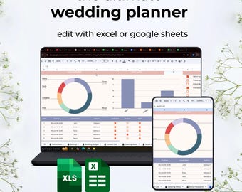 Peut inclure: Un planificateur de mariage numérique affiché sur un ordinateur portable et une tablette, avec des graphiques et des tableaux. Le texte indique "the ultimate wedding planner" et "edit with excel or google sheets." Deux icônes de documents verts avec "XLS" et "X" sont également visibles.