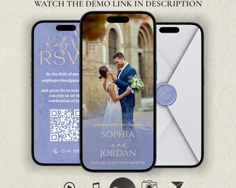 Animated Blue Wedding Invitation Video: Digital Wedding Invite With Photos And Music, Canva Template