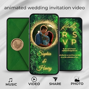 Wedding Video Invitation, Animated Wedding Invitation, Luxury Emeral Green And Gold Wedding Digital Invite, Wedding Electronic Invitation