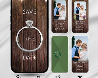 May include: A smartphone displays a wedding invitation design. The main screen shows a diamond ring with the words "Save the Date" on a wood background. Additional screens feature photos of a couple and event details.
