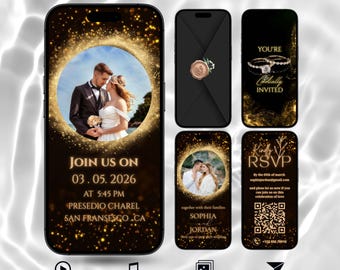 Luxury Wedding Invitation Animated Video, Editable Canva Template: Black and Gold E-Invite (Digital Invite)
