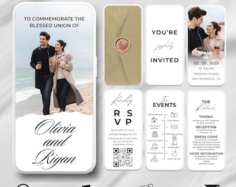 Puede incluir: Un conjunto de invitaciones de boda con una foto de una pareja, detalles de RSVP, un calendario de eventos e información sobre el código de vestimenta. El diseño incluye el texto "Olivia and Riyan" y "You're joyfully invited".