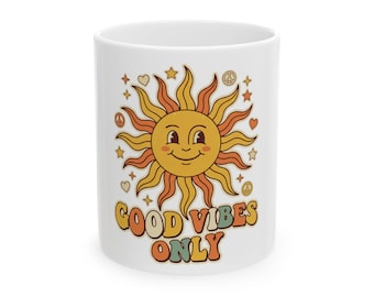 Kubek ceramiczny Good Vibes, wzór retro słońca, nadaje się do mycia w zmywarce, 11 uncji 15 uncji