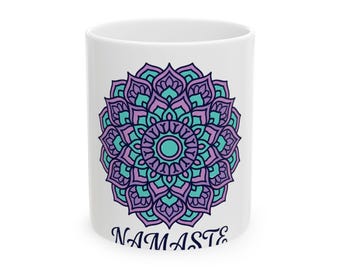 Turkusowo-fioletowy kubek z mandalą Namaste | Ceramiczny kubek do kawy