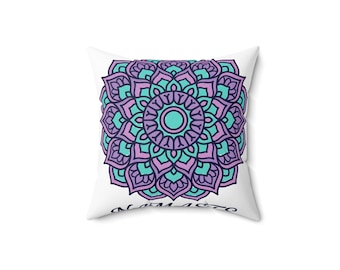 Poduszka z mandalą w kolorze turkusowo-fioletowym, kwadratowa poduszka z przędzy poliestrowej | Poduszka dekoracyjna w stylu boho