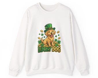 Golden retriever Lucky Dog z koniczyną i monetami, okrągły dekolt