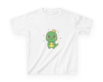 Uroczy dziecięcy t-shirt z dinozaurem w koronie i pastelowymi gwiazdkami, zabawna koszulka z kreskówkową grafiką