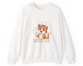 Bluza Lucky Cat | Pomarańczowy kot, czterolistna koniczyna, haftowany okrągły dekolt