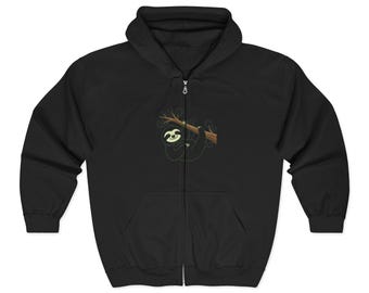 Sloth on Branch Zip Hoodie | Nature Animal Graphic, Cozy Warmth