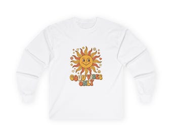 Koszulka z długim rękawem Sun Face „Good Vibes Only” | Grafika retro Sunshine