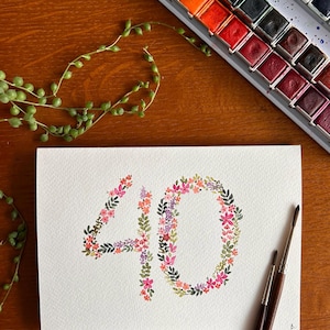 Tarjeta floral de acuarela pintada a mano con números personalizados / Tarjeta de acuarela hecha a mano para cumpleaños