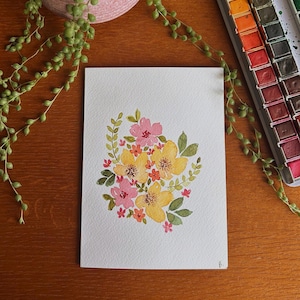 Carte d'arrangement floral printanier peinte à la main | Carte aquarelle faite main pour anniversaire, anniversaire, Saint-Valentin