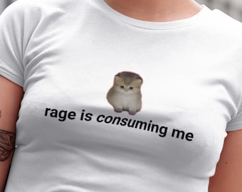 Könnte beinhalten: Weißes T-Shirt mit einem kleinen braunen und weißen Katzenmotiv und dem Text "rage is consuming me".