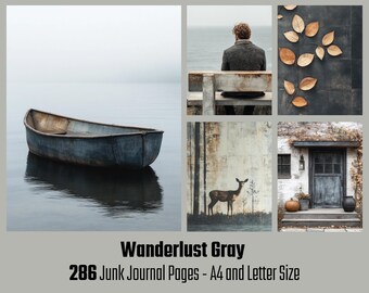 Wanderlust Gray | 286 Junk Journal Pages, Printable Scrapbook and Collage Paper, Digital Download, Mixed Media Kit
