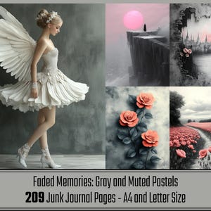 Puede incluir: Un collage de imágenes con una paleta de colores pastel apagados. Una imagen presenta a una mujer con un vestido blanco y grandes alas de plumas. Otras imágenes incluyen una puesta de sol rosa, rosas y un campo de flores. El texto dice "Faded Memories: Gray and Muted Pastels, 209 Junk Journal Pages - A4 and Letter Size."