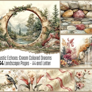 Könnte beinhalten: Eine Sammlung von Aquarell-Landschaftsseiten mit rustikalem Thema. Die Bilder zeigen einen steinernen Torbogen, der eine Berglandschaft einrahmt, einen Wasserfall sowie Blumen- und naturnahe Designs. Der Text lautet "Rustic Echoes: Cream Colored Dreams 64 Landscape Pages - A4 and Letter."