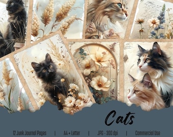 Katter | 12 skräpjournalsidor, utskrivbart scrapbook- och collagepapper, digital nedladdning, blandteknikkit, färdigt