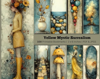 Yellow Mystic Surrealism | Printable Bookmark Set, 100 JPG, Book Lovers, Junk Journaling, Scrapbook and Collage Paper,