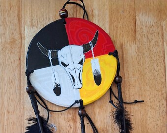Native American Circle of Life, Hand Painted Plaque with Feathers, Home Décor