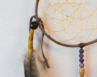 Handcrafted Yellow Webbed Dream Catcher with Quartz and Palomino Horse Hair - Traditional Willow Frame Dreamcatcher