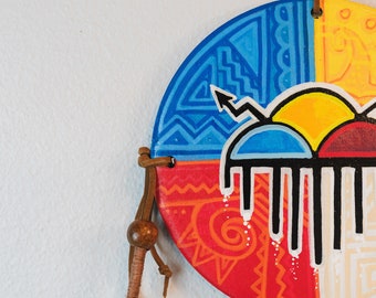 Hand painted Rain Cloud Wooden Plaque - Hopi Made Contemporary Art with Turkey Feathers