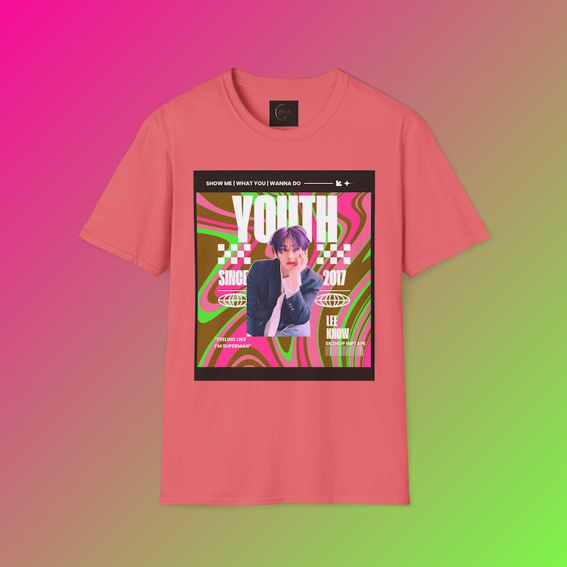 Lee Know Youth Stray Kids inspiró camiseta unisex, camiseta softstyle, ropa de calle, camisa para fanáticos de la música, ropa casual cómoda imagen 1
