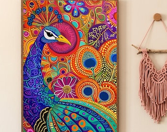 3: 4 Indischer Boho Pfau Folk Print, Madhubani Kunst, traditionelle Kunst, indischer Hintergrund, Mehendi, Sangeet, Bollywood Dekor, tanzender Pfau