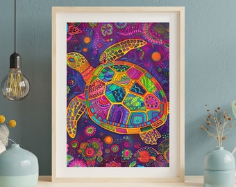 3:4 Indian Boho Sea Turtle folk print, madhubani art, traditional art, indian background, mehendi, sangeet, Bollywood decor, turtle portrait