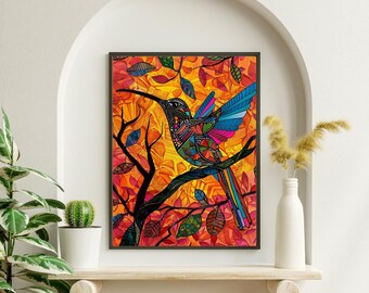 3: 4 Boho Kolibri jamaikanisches Volk, Madhubani Kunst, indischer Hintergrund, Bollywood Dekor, tanzender Kolibri, Einweihungsparty, Firmengeschenk