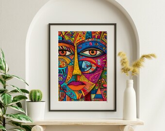 5:7 beautiful and colorful indian art, face of a woman, portrait face, vibrant colors, indian folk art, madhubani print, digital printable