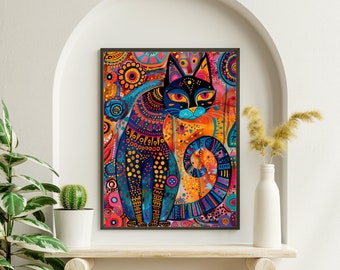 3:4 Indian Boho Cat folk print, madhubani art, traditional art, indian background, mehendi, sangeet, Bollywood decor, cute animal print