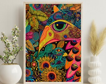 3:4 indian boho bird print, madhubani folk art, vibrant colors, interior art, Bollywood decor, desi decor, indian bird