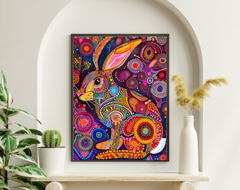 3:4 Indian Boho Rabbit  folk print, madhubani art, traditional art, indian background, mehendi, sangeet, Bollywood decor, cute rabbit