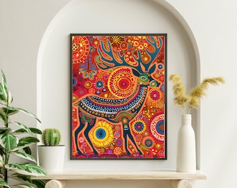 3: 4 Indianer Boho Hirsch Druck, Madhubani Kunst, traditionelle Kunst, indischer Hintergrund, Mehendi, Sangeet, Bollywood Dekor, süßer Tierdruck