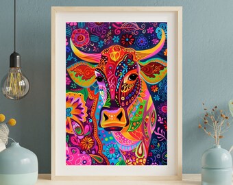 3: 4 Indischer Boho Kuh Druck, Madhubani Kunst, traditionelle Kunst, indischer Hintergrund, Mehendi, Sangeet, Bollywood Dekor, Kuh Porträt