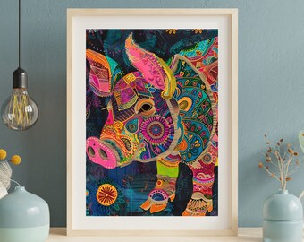 3:4 Indian Boho Pig folk print, madhubani art, traditional art, indian background, mehendi, sangeet, Bollywood decor, cute animal print