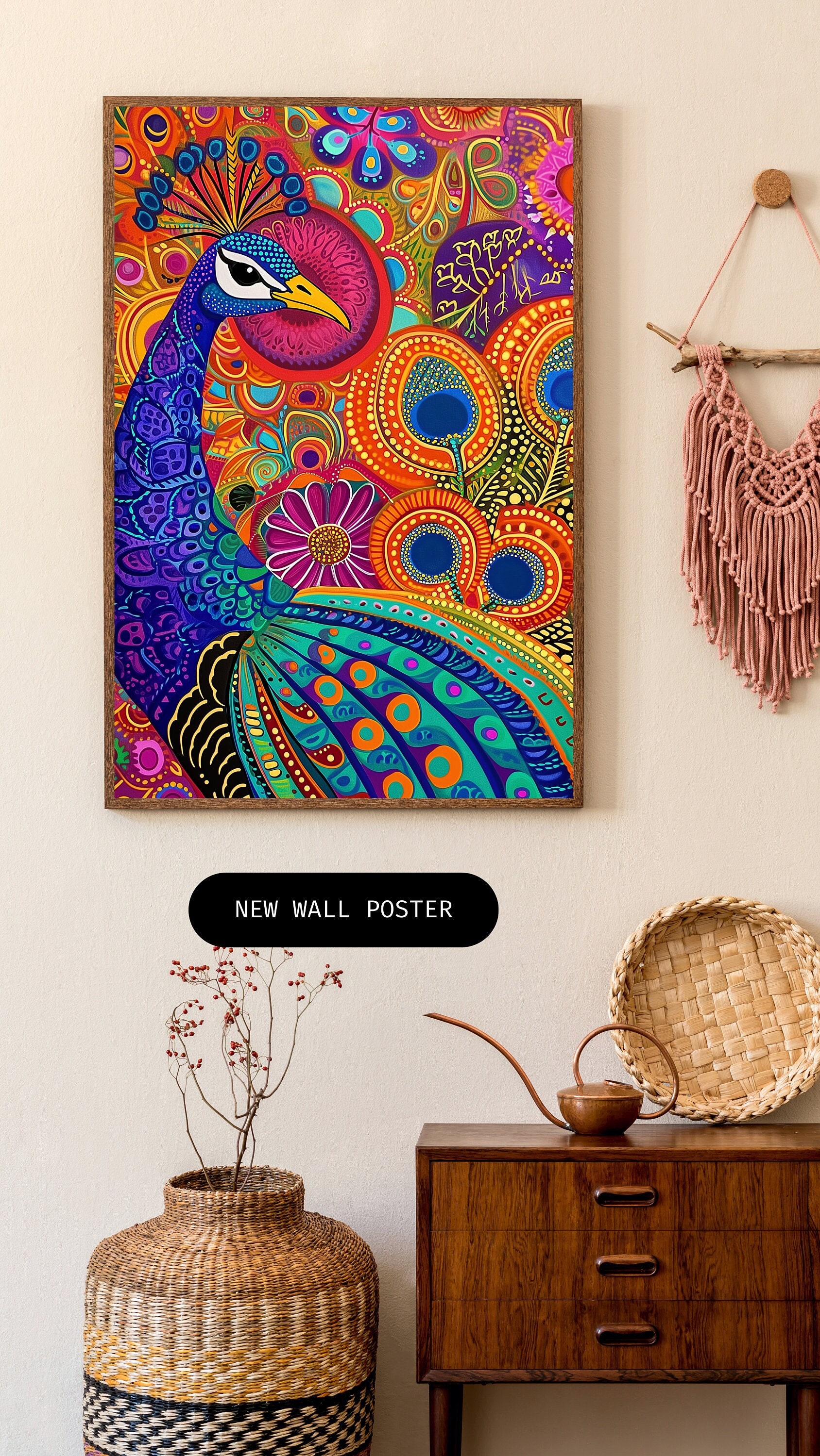 3:4 Indian Boho Peacock Folk Print, Madhubani Art