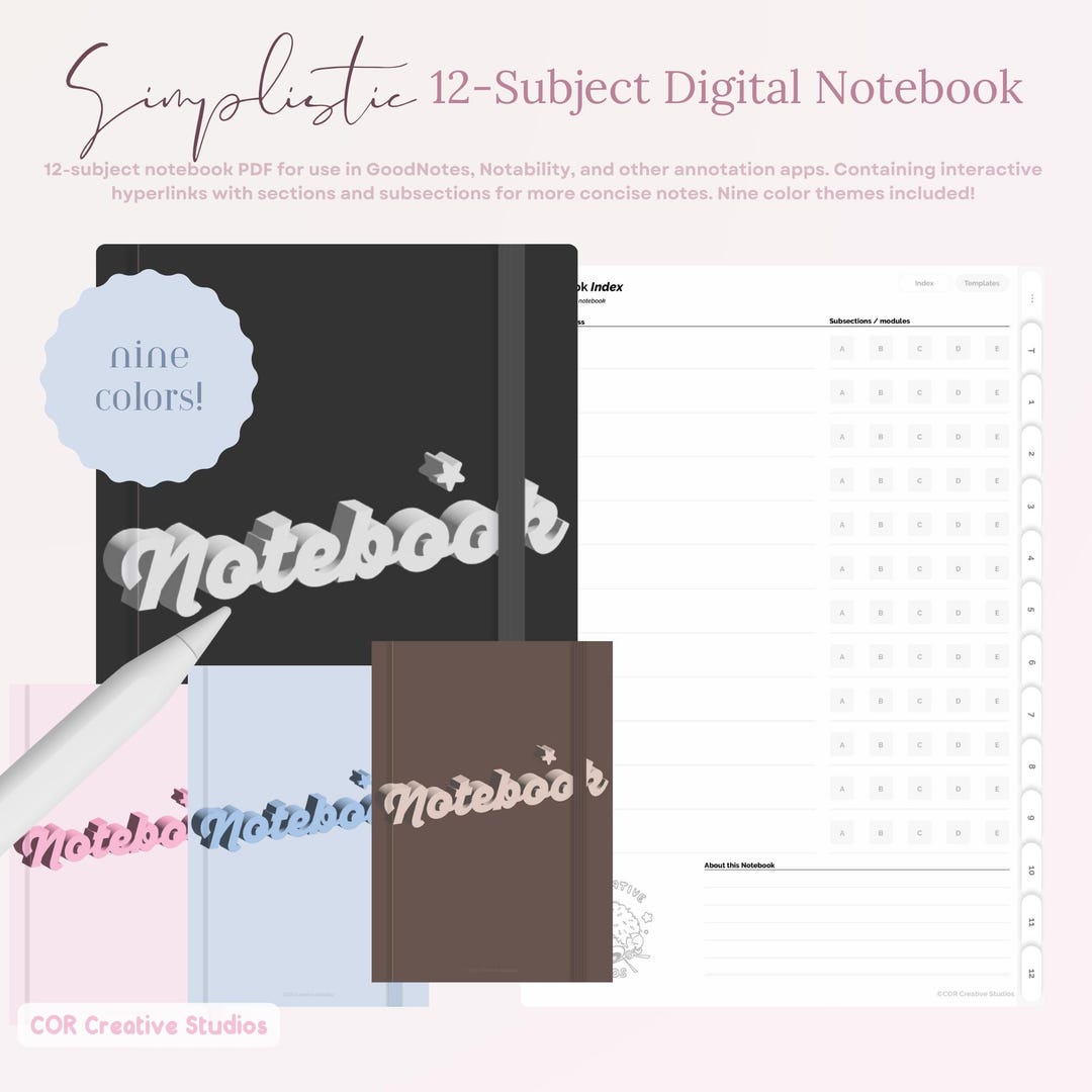 12-subject Portrait Digital Notebook: Hyperlinked for Goodnotes ...