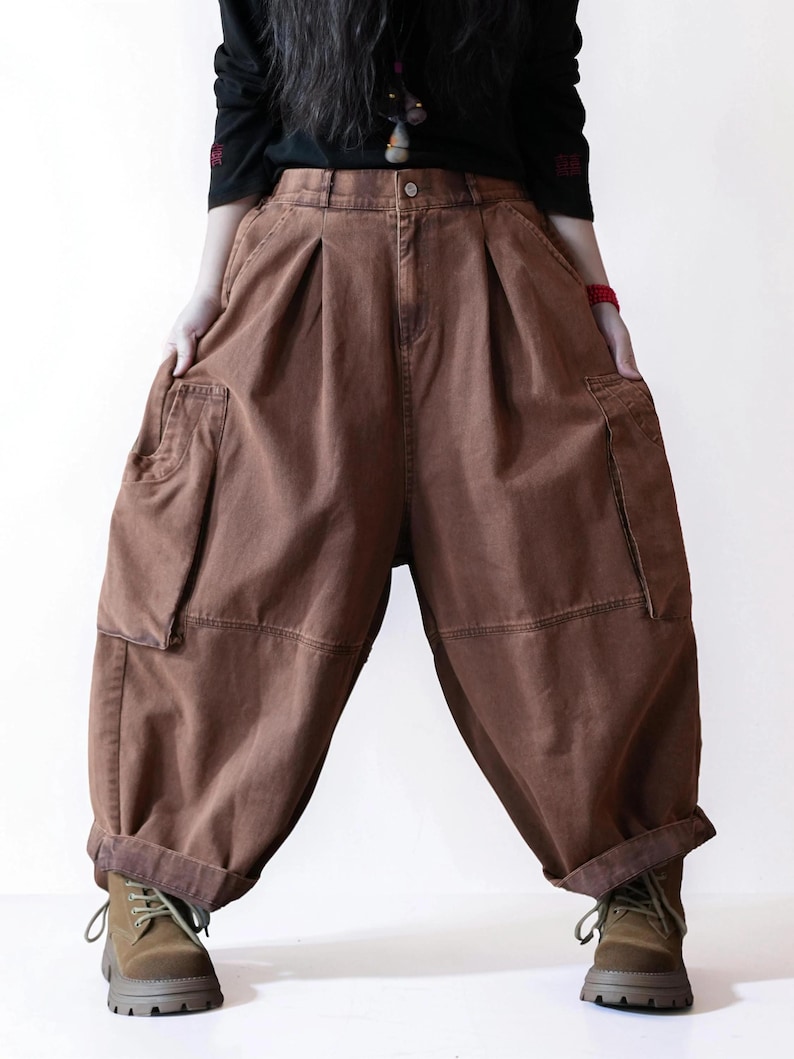 Vintage Washed Workwear Pants | High Waist Balloon Jeans, Artisan Dyed Cargo Style image 15