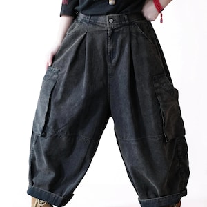 Vintage Washed Workwear Pants | High Waist Balloon Jeans, Artisan Dyed Cargo Style Black Denim