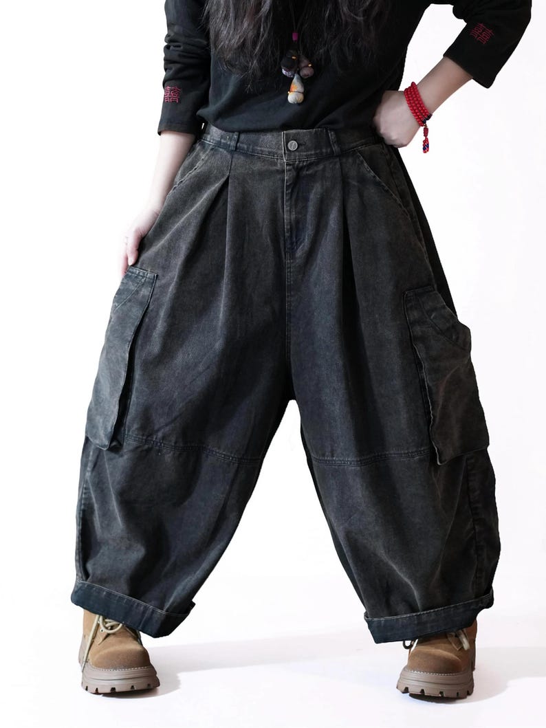 Vintage Washed Workwear Pants | High Waist Balloon Jeans, Artisan Dyed Cargo Style Black Denim