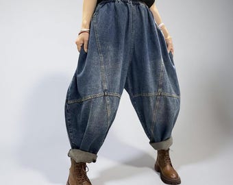 Boho Patchwork Denim Harem Pants – Unisex Vintage Streetwear