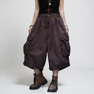 Vintage Washed Cropped Cargo Harem Pants -Unisex Mid-Calf Wide Leg Utility Pants, Drop Crotch